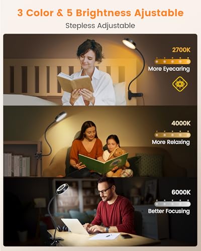 Glocusent Bed Reading Lamp, 72 LED Clamp Lamp with 3 Colours & 5 Brightnesses, Flexible Bed Lamp with Amber Night Light, 30/60 Minute Timer, Eye Protection, for Bed/Reading/Working (Black with Adapter)