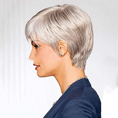 Short Straight Wigs With Bangs Silver Grey Synthetic Hair Wigs For