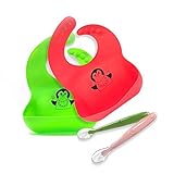Easy clean Waterproof Silicone Baby Bibs with food catcher and Baby Silicone Spoons BPA Free for baby toddler feeding, set of 2 water proof baby bibs and 2 silicone spoons