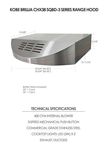 KOBE CHX3830SQBD-3 Brillia 30-inch Ductless Under Cabinet Range Hood, 3-Speed, 400 CFM, LED Lights, Baffle Filters