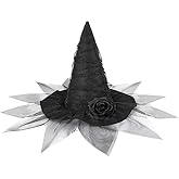 Halloween Witch Hat, Ruched Witches Hats for Women with Veil and Rose Wizard Hats Halloween Costume Accessories