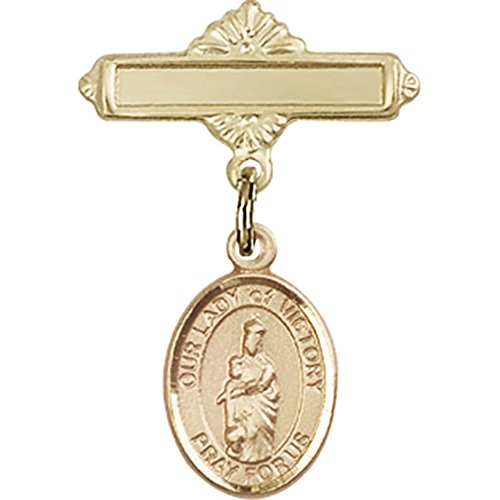 Gold Filled Baby Badge with Our Lady of Victory Charm and Polished Badge Pin 1 X 5/8 inches