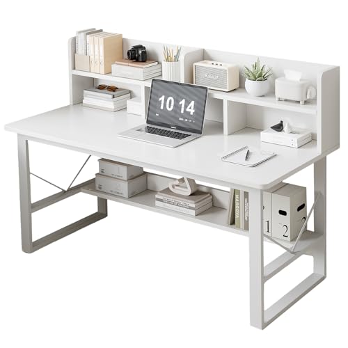 DAYONG Modern Minimalist Study Desk with Bookshelf, 100CM Computer Table with Multi-Level Storage, PC Gaming Workstation Home Office Writing Desks (White-100cm)