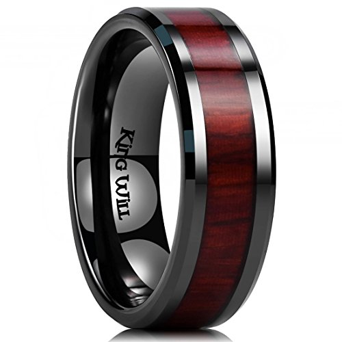 King WillNature 7mm 8mm Black Mens Wood Ceramic Ring Wedding Band Polished Finish Brown Wood Inlay Comfort Fit