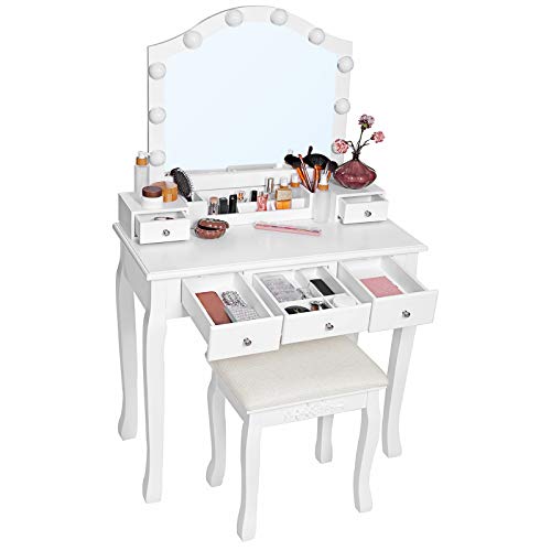 VASAGLE Vanity Table Set With Lighted Mirror, Vanity Set With Drawers
