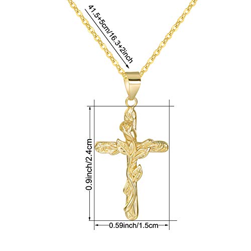 Lateefah Rose Flower Cross Pendant Necklace-14k Gold Plated Simple Religious Charm with Engraved Rose Adjustable Crucifix Cross Pendant Necklace for Women