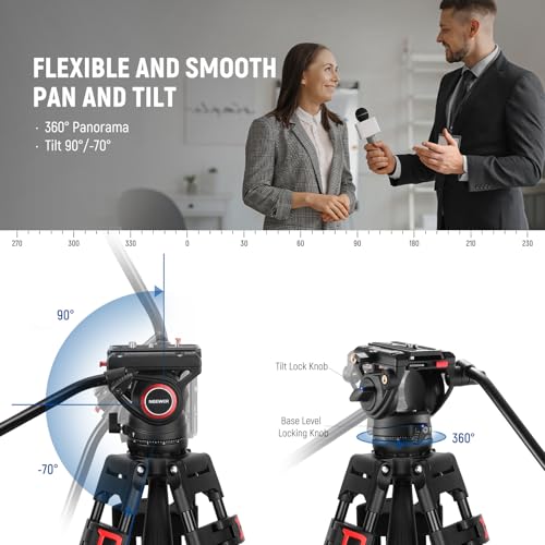 NEEWER 74" Video Tripod with Fluid Head & Damping Control, Aluminum Heavy Duty Camera Stand Professional with QR Plate for DSLR Camcorders for Video Recording, Cleaning Cloth, Max Load 17.6 lbs, TP74