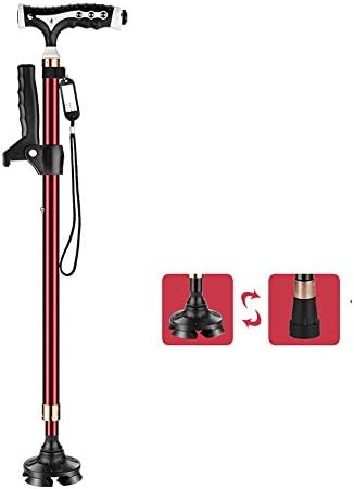 STARPROL Canes Adjustable Quad Canes Men Women Lightweight Self Standing Walking Canes LED Light Stable Walking Stick Versatile Hand Crutch with T Magnetic Handle Crutches Fashionable Black/Wine Red