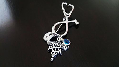 PA Physician Assistant Medical Caduceus Handstamped Personalized Initial Letter Birthstone Graduation Gift Stethoscope Brooch Pin