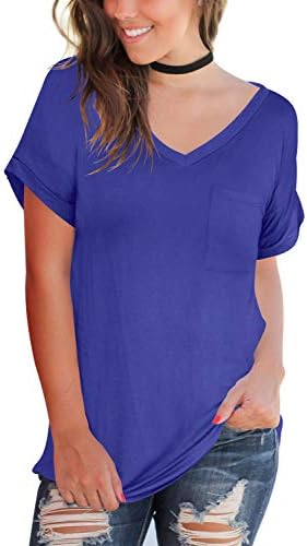 FAVALIVE Women's Short Sleeve Tops Casual V-Neck T-Shirts with Front Pocket