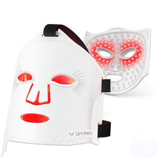 Umitec Zone Craft LED Face Mask, Red Light Therapy Mask, Four Modes Three Levels, Remote Control 10 Minutes, 4000mAh, Storage Bag, Eye Pads, Gift for Wife, Girls(White)