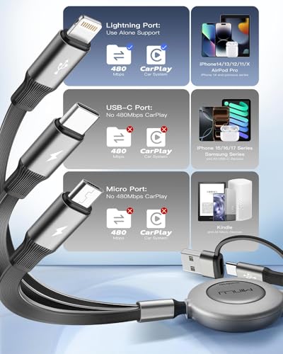 Minlu Multi Tip Charger Cable, 5 in 1 Retractable Multi USB Cable, 1.2 m Fast Charging Cable, Multi Charger Cable with Lightning Micro USB Type C for iPhone, Android, Galaxy Series, Tablet Series