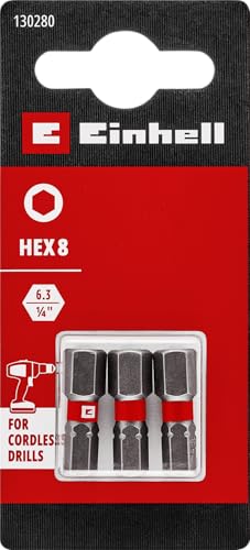 Einhell Lot de 3 embouts standard 25 mm Hex 8 (chrome vanadium, vis précises, bon contrôle, bague de couleur rouge, tige C 6.3)