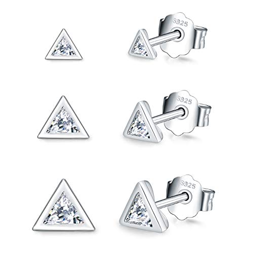 De plata esterlina para mujer, 3 pares de pequeños pendientes triangulares de plata | Juego de aretes de circonita cúbica de oro de 14 quilates pequeños, delicadas joyas de cartílago tragus para dormir para hombres y niñas (3 mm / 4 mm / 5 mm)