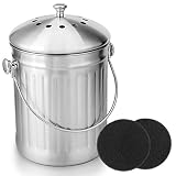 ENLOY Compost Bin, Stainless Steel Indoor Compost Bucket for Kitchen Countertop Odorless Compost Pail for Kitchen Food Waste with Carrying Handle and 2 Charcoal Filter 1.3 Gallon Easy to Clean