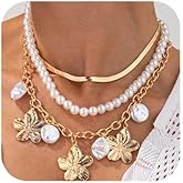 wekicici Chunky Golden Flower Necklace for Women Layered Baroque Pearl Choker Necklace Vintage Flower Pendant Herringbone Chain Stackable Necklace Trendy Fashion Jewelry Gift