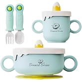 NURTUREBLOOM Stainless Steel Baby &amp; Toddler Feeding Set with Suction | Baby Feeding Set Stainless Steel with Removable Silicone Suction with Spoon &amp; Fork Set, 4+ Months, Blue