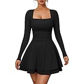 XXTAXN Women’s Sexy Long Sleeve Square Neck Flowy Hem Ruched High Waist Party Mini Dress with Side Pocket