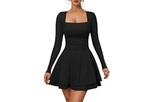 XXTAXN Women’s Sexy Long Sleeve Square Neck Flowy Hem Ruched High Waist Party Mini Dress with Side Pocket