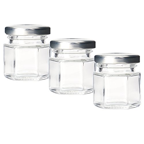Tebery 1.5 oz Hexagon Mini Glass Jars with Silver Lids and Labels (Set of 30)