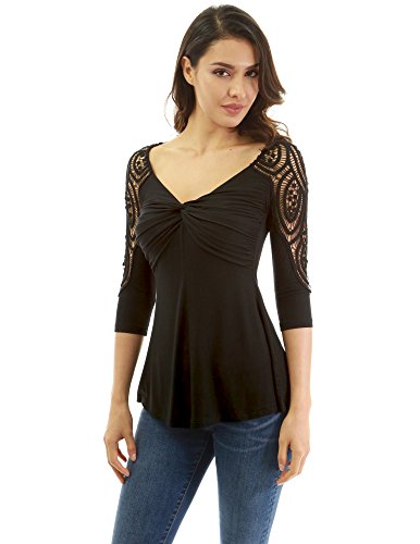 PattyBoutik Women Twist Front Crochet Lace 3/4 Sleeve Blouse (Black Small)