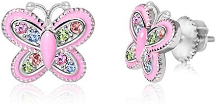 Hypoallergenic Surgical Titanium Screwback Posts Enamel Butterfly Earrings for Kids Studs With Swarovski Crystal Elements Safe Hypoallergenic For Girls Children Infants Toddlers Babies and Tween White Gold Toned