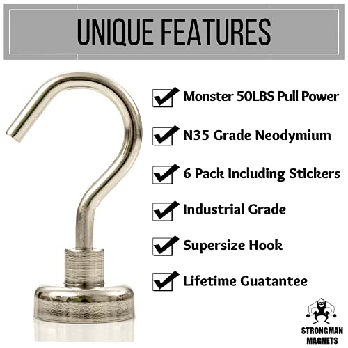 Strongman 6 Pack of Powerful 50LB Neodymium Heavy Duty Hooks +3M Non Scratch