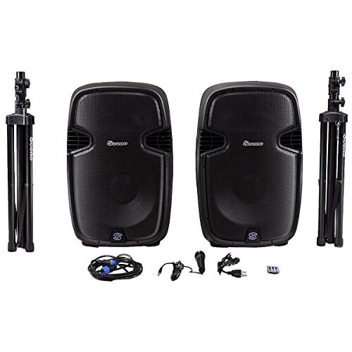 Suono Dual 2-Way Powered PA Speaker System Combo Kit, Portable 12'' 2000W DJ Active + Passive Loud Speakers Set with 2 Speaker Stands, Microphone, Bluetooth, USB/SD, 1/4" Line RCA, FM Radio,XLR Input