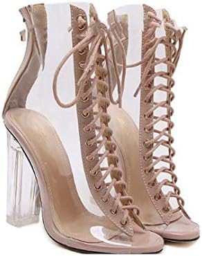 Women Gladiator Sandals PVC Clear Block High Heel Transparent Boots Lace Up High Top Bootie Pumps Shoe