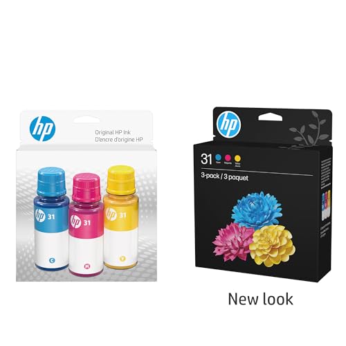 HP 31 Cyan, Magenta, Yellow Ink Bottles (3-Pack) | Works Smart Tank 5000, 6000, 7000 Series; Smart Tank Plus 500, 600 Series | 9C228AN | Packaging May Vary