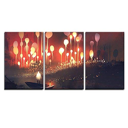 Night Scenery of Fantasy Forest with Glowing Trees and Man in The Boat Home Art x3 Panels