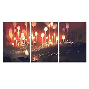 3 Piece Canvas Wall Art - Night Scenery of Fantasy Forest with Glowing Trees and Man in The Boat - Modern Home Art Stretched and Framed Ready to Hang - 16"x24"x3 Panels