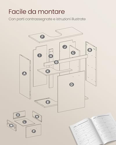 Mobile Sottolavabo per Bagno, Mobiletto da Bagno, 3 Cassetti Laterali, 2 Scomparti dietro l'Anta, per Lavabi con Colonna, con Piedini, 30 x 70 x 64 cm, Bianco Nuvola BBK504W01