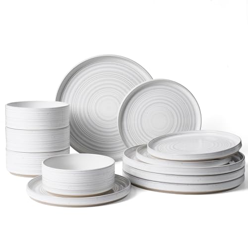 Photo 1 of ***missing parts*** Famiware Premium Stoneware Dinnerware Sets, Dish Set for 4, 12 Pieces Spiral Dishware Set with Straight Rim, Speckles & Reactive Glaze - Microwave and Dishwasher Safe Tableware, White