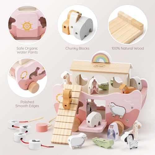 Joyreal Noahs Ark Wooden Toy - Christening Gifts for Girls Boys, Baptism Gifts, Montessori Toys for 1 2 3 Year old, Stacking Baby Toys, Farm Animals Shape Sorter Toddler Toy