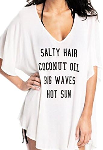 Modekini Beach Quotes Women's Short Sleeves V Neck Loose T-shirt Cover Up