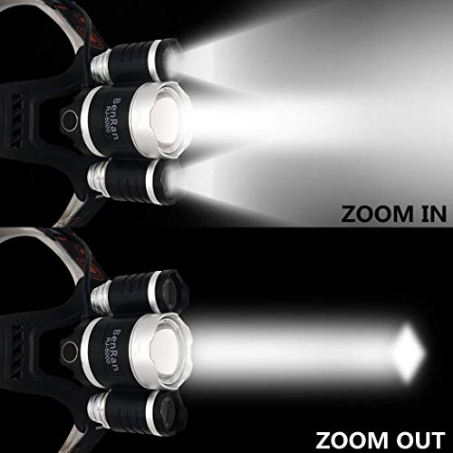 LED Headlamp 5000 Lumen Zoomable Super Bright,Headlight Bicycle Flashlight,4 Modes,Adjustable,Micro usb charging port Rechargeable 18650 Battery Batteries & Dual Smart Charger (Golden-RJ-3t-5000)