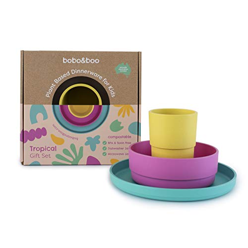BOBO&BOO Plant-Based Dinnerware Set for Children, 3 Pieces - Eco-Friendly Kids Dishes, Microwave and Dishwasher Safe - Biodegradable Cups, Plates, and Bowls - Plant-Based Dishware - TROPICAL - Thumbnail 5