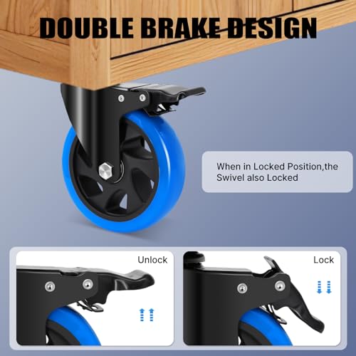 Humagineer 125 mm Furniture Casters with 4 Brakes, Heavy Duty Wheels for Heavy Loads, 1000 kg, Polyurethane Wheels with Double Brake, Silent and Durable Route for Furniture, Trolleys, Set of 4