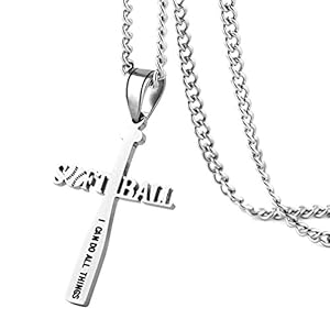 HZMAN Softball Bat Cross Pendant, I CAN DO ALL THINGS STRENGTH Bible Verse Stainless Steel Necklace