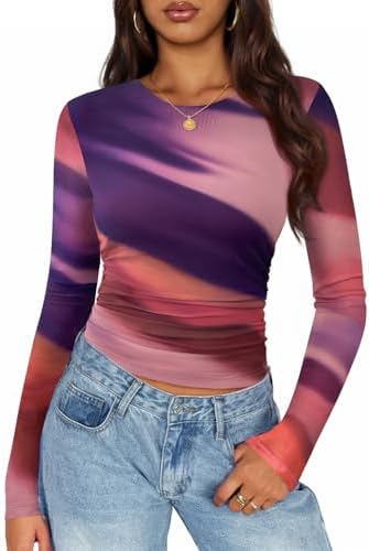 Verdusa Women's Mock Neck Long Sleeve Marble Mesh Slim Fitted Tee