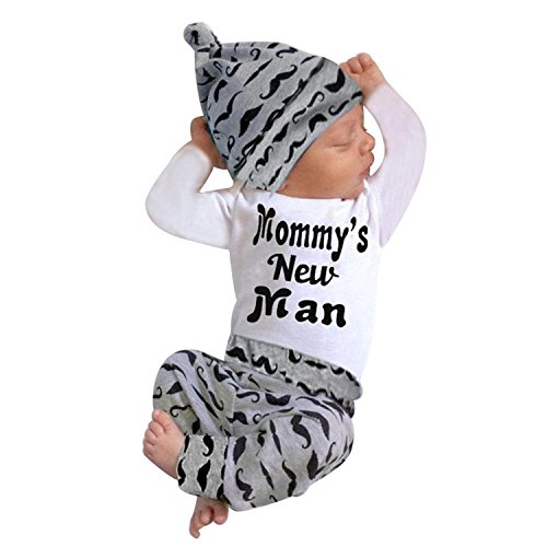 Younger Tree 3PCs Infant Toddler Baby Boy Clothes Outfit Mommyâ€™s New Man Print Sweatshirt Tops + Pants + Cap Set (White, 0-6 m)