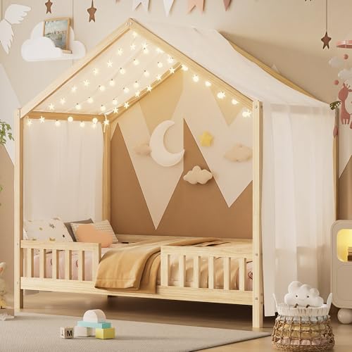 Bellemave Twin House BedFrame with Canopy, Montessori Floor Bed, House Bed with