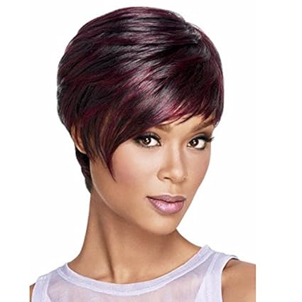 Short Straight Pixie Cut Synthetic Wig Burg Highlight Side Parting