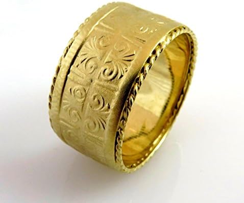 14K Matte Gold Unique Women WideWedding Band Vintage Ancient Egyptian Pattern Ring