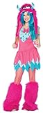 Leg Avenue 2 Piece Mischief Monster Dress And Furry Monster Hood With Pom Pom Ties, Pink, Medium/Large
