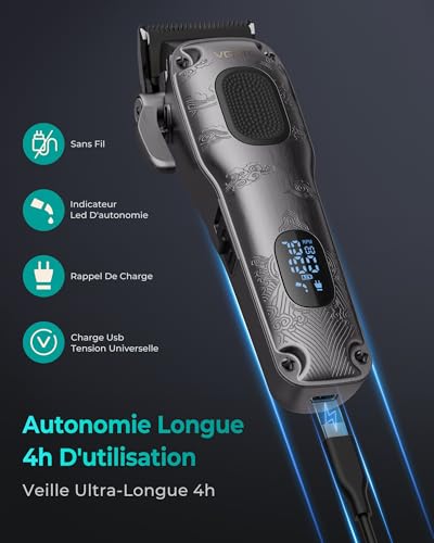 VGRPRO Máquina de Cortar Pelo Hombre Profesional, cortapelos hombre inalámbrico con estuche, kit para casa & barbería, pantalla LED, regalo hombre (Gris)