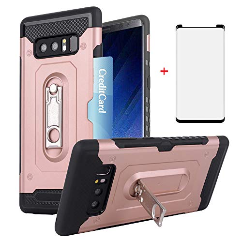 Phone Case for Samsung Galaxy Note 8 and Tempered Glass Screen Protector Cover with Card Holder Wallet Stand Kickstand Cell Accessories Hard Heavy Duty Protective Glaxay Note8 S8 Cases Women Rose Gold