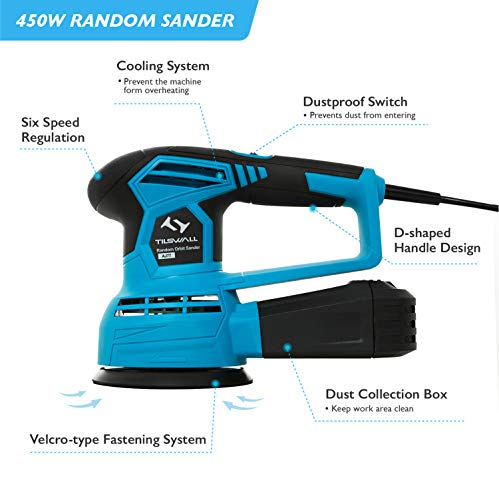 Lijadora Orbital 450W Tilswall, Lijadora Excéntrica de 6 Velocidades Variables 6000-12000RPM, con 12 Piezas Lijas… - Imagen 3