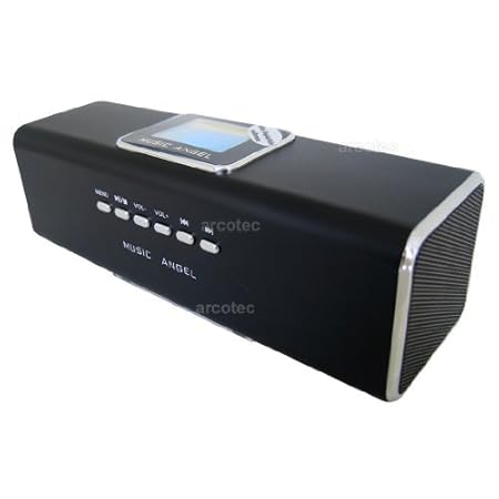 Music Angel - mini Lautsprecher mit Radio, Stereo Boxen, Lautsprechersystem '6in1' mit USB-Slot, MicroSD-Kartenslot, Wecker, Uhr, Line-In, tragebare Musik Handy Boxen, kabellose Soundstation - schwarz